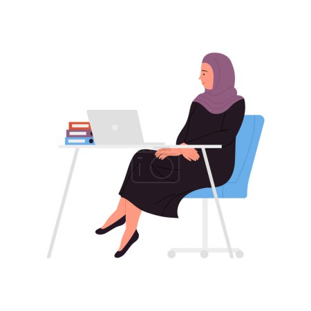 Téléchargez les illustrations : Femme d'affaires musulmane travaillant sur un ordinateur portable. Arabe femme gestionnaire au bureau bureau dessin animé vectoriel illustration - en licence libre de droit