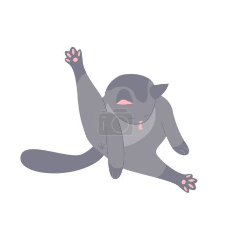 Téléchargez les illustrations : Chat gris nettoyant sa fourrure. Chaton se préparant pour le sommeil, illustration vectorielle de dessin animé auto-hygiénique pour animaux - en licence libre de droit