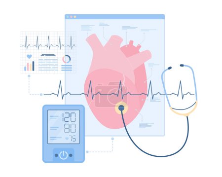 Illustration for Cardiovascular care and heart health vector illustration. Cartoon isolated cardiologists checkup equipment, stethoscope and sphygmomanometer to measure blood pressure, electrocardiogram symbol - Royalty Free Image