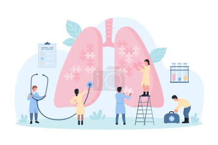 Illustration for Lungs health, pulmonology vector illustration. Cartoon tiny doctors pulmonologists connect parts of puzzle jigsaw inside human lungs, people work on diagnosis of pulmonary disease with stethoscope - Royalty Free Image