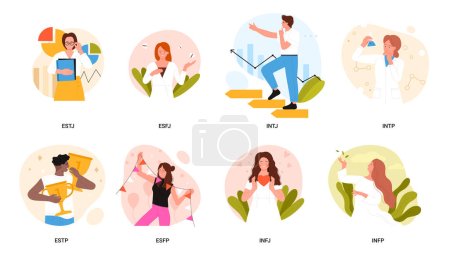 Illustration for MBTI testing, socionics types set vector illustration. Cartoon isolated characters with different types of cognitive mindset and thinking, personality and individuality, logics or imagination - Royalty Free Image