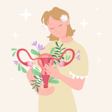 Illustration for Care and support for health of female reproductive system vector illustration. Cartoon isolated happy woman holding in hands feminine organs in flowers, awareness of problems of gynecology, menopause - Royalty Free Image