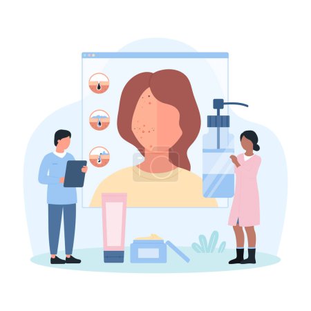 Illustration for Dermatology and cosmetology for acne problem vector illustration. Cartoon tiny people study formation of inflammation comedones and pimple on science chart, offer skincare product for acne treatment - Royalty Free Image