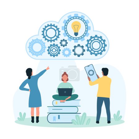Illustration for Settings, configuration of cloud service vector illustration. Cartoon tiny people with mobile phone and laptop work with gears of cloud engine, computing infrastructure and digital data system - Royalty Free Image