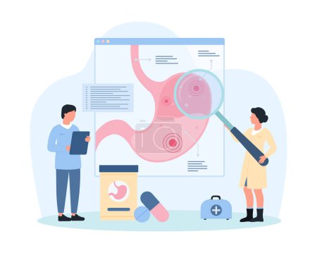 Illustration for Study of stomach disease vector illustration. Cartoon tiny doctors with magnifying glass research gastric infographic chart, people analyzing warning symptoms for diagnosis and medical therapy - Royalty Free Image