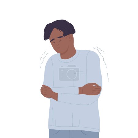 Illustration for Sad shivering boy. Teenager feeling cold temperature, hypothermia feeling cartoon vector illustration - Royalty Free Image