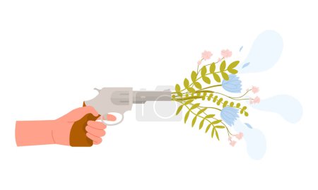 Illustration for Revolver shooting flowers. Weapon shoots flowers, spreading love and peace cartoon vector illustration - Royalty Free Image