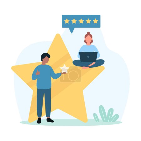 Illustration for Customers feedback vector illustration. Cartoon tiny people holding review gold star to rate positive experience from quality of product, clients give five stars for evaluation in online survey - Royalty Free Image