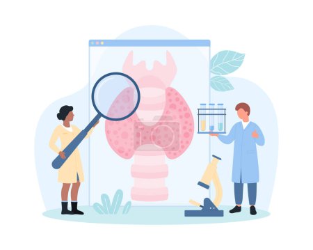 Diagnosis of thyroid disease vector illustration. Cartoon tiny doctors with magnifying glass and test tube with medical samples analyze infographic poster with thyroid gland, endocrine system organ