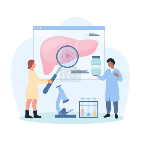 Illustration for Study of liver disease, hepatology vector illustration. Cartoon tiny hepatologists with magnifying glass research anatomy infographic chart with liver, people analyzing health report for diagnosis - Royalty Free Image