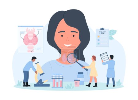 Illustration for Diagnosis of thyroid disease vector illustration. Cartoon tiny doctors with magnifying glass and microscope for blood analysis test health of thyroid gland and endocrine system of female young patient - Royalty Free Image