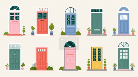 Illustration for Entrance doors to house set vector illustration. Cartoon isolated outside front view of different wooden doors to home apartment or office with glass window and doorway, doorstep and plant decoration - Royalty Free Image