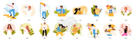 Illustration for MBTI typology of people set vector illustration. Cartoon isolated characters with different types of behavior and thoughts, ideas to solve problems and focus of thinking, personality mental structure - Royalty Free Image