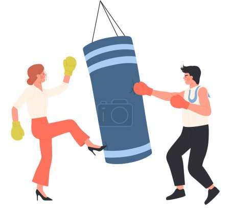 Illustration for Employees boxing in office interior isolated vector illustration. Cartoon man and woman fighters in gloves hitting punching bag at corporate training, angry fight and challenge of two crazy characters - Royalty Free Image