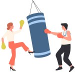 Employees boxing in office interior isolated vector illustration. Cartoon man and woman fighters in gloves hitting punching bag at corporate training, angry fight and challenge of two crazy characters