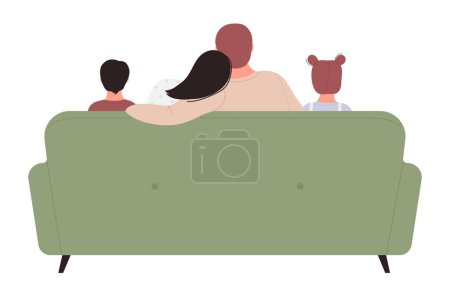 Illustration for Family people watch tv, cartoon flat mother, father, daughter and son teenagers watching tv together isolated vector illustration - Royalty Free Image
