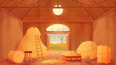 Illustration for Farm barn interior with hay pile, straw and haystacks inside vector illustration. Cartoon indoor view of old wooden ranch house, hayloft with open gate to countryside fields and windmill, tools - Royalty Free Image