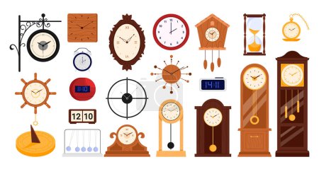 Clocks and watches set vector illustration. Cartoon isolated various types of modern digital and analog clocks collection, different models of timer and hourglass, cuckoo and antique tower with bell