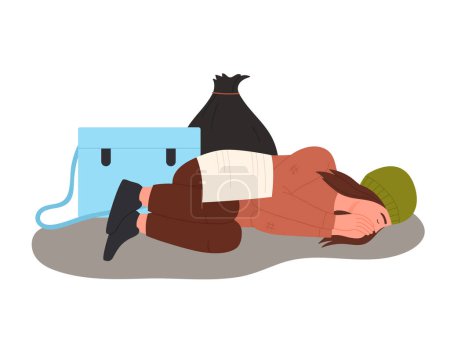 Illustration for Homeless woman sleeping on street. Poor beggar feeling cold temperature cartoon vector illustration - Royalty Free Image