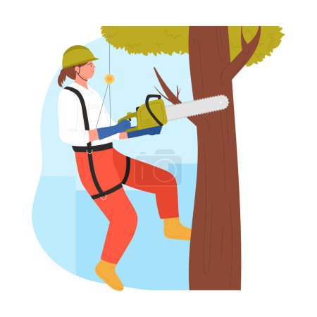 Ilustración de Arborista cirujano de árboles. trabajador escalador industrial, el corte de árboles servicio ilustración vectorial de dibujos animados - Imagen libre de derechos