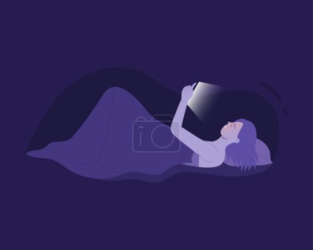Illustration for Girl with bad night habit of using smartphone. Lady suffering from insomnia cartoon vector illustration - Royalty Free Image