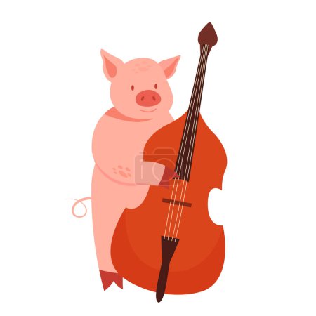 Téléchargez les illustrations : Cochon avec contrebasse. Animals orchestre de musique, porc jouant illustration vectorielle d'instrument de musique - en licence libre de droit
