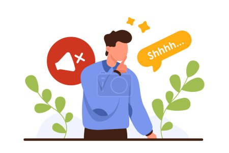 Please keep quiet, mystery silent gesture from man. Male character holding finger at mouth to ask for silence and keep secret, stop talking, Shhh text in speech bubble cartoon vector illustration