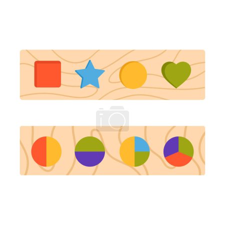 Téléchargez les illustrations : Géométrie colorée formes jeu en bois. Montessori système éducatif dessin animé vectoriel illustration - en licence libre de droit