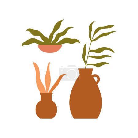 Illustration for Moroccan clay pots with plants. Oriental decorative objects cartoon vector illustration - Royalty Free Image