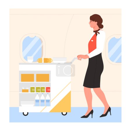Illustration for Flight attendant serving food and drinks. Cabin crew service cartoon vector illustration - Royalty Free Image