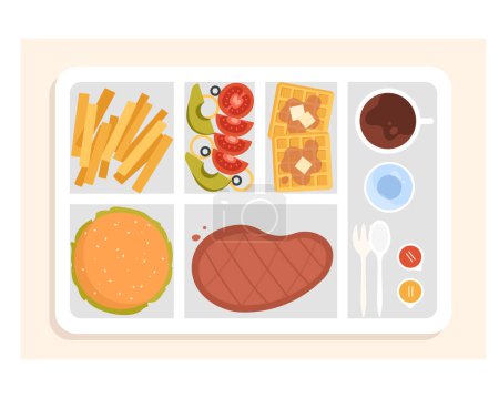 Illustration for Airplane lunch tray. Cabin crew food service, dinner on the plane cartoon vector illustration - Royalty Free Image