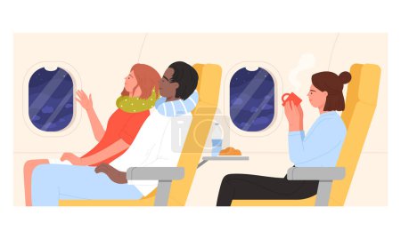 Illustration for Side view of passengers on plane. Travelling people with airplane cartoon vector illustration - Royalty Free Image