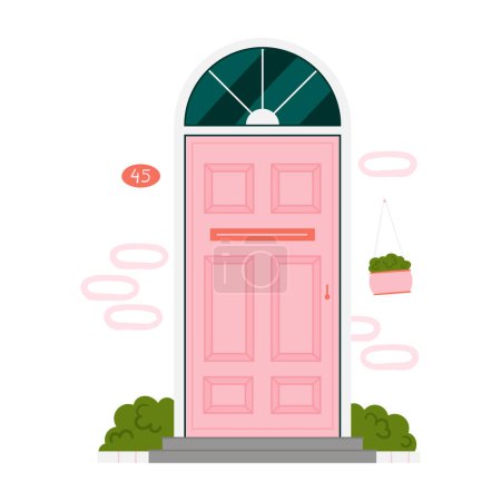Téléchargez les illustrations : Porte vintage rétro rose pour maison appartement isolé vecteur illustration - en licence libre de droit