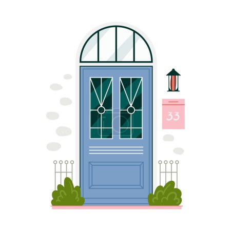 Téléchargez les illustrations : Retro vintage porte bleue pour maison appartement isolé vecteur illustration - en licence libre de droit
