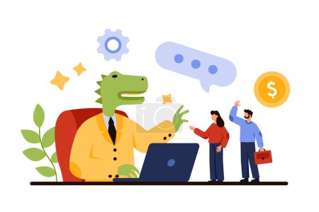 Illustration for Outdated corporate leader with arrogant behavior of despot and dictator. Tiny people trying to share opinion with giant dinosaur businessman sitting at desk with laptop cartoon vector illustration - Royalty Free Image