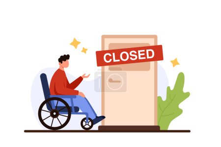 Discrimination, ableism, bias in society and stereotype, employment problem of office employee with disability. Tiny man in wheelchair in front of door with sign Closed cartoon vector illustration