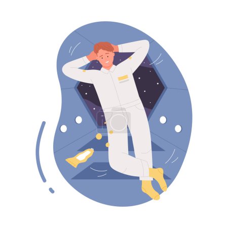 Astronaut floating in rocket. Relaxed astronaut in spacecraft, food for astronauts cartoon vector illustration