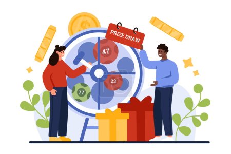 Prize draw, lottery gambling game for chance to win gifts. Tiny people roll drum machine to select random ball with number of winner, play for cash coins with raffle wheel cartoon vector illustration