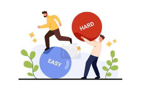 Hard and easy solutions to problem, right choice. Tiny people choose complex and simple decision to solve business task, characters rolling ball and carrying in hands cartoon vector illustration