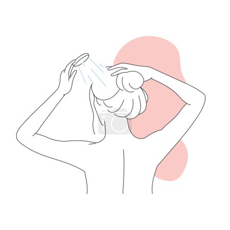 Illustration for Woman washing hair in douche. Beauty hygiene routine, take a shower line vector illustration - Royalty Free Image