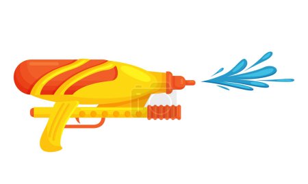 Water pistol shoot splash. Summer game with water gun, kids outdoor activity cartoon vector illustration