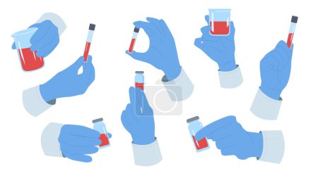 Hand of doctor in medical glove holding blood test tube set. Laboratory examination of blood sample for allergy, malaria or hepatitis, genetic analysis in glass vials cartoon vector illustration
