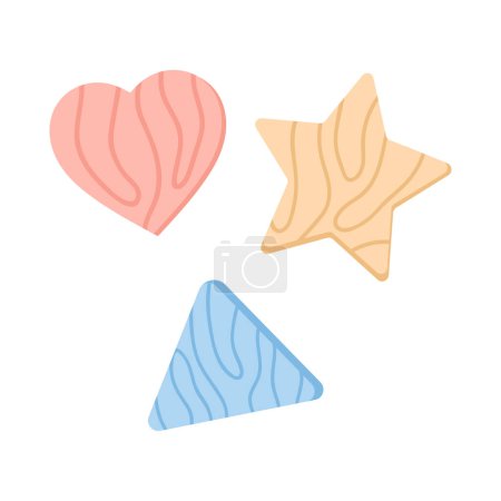 Coloridas formas de madera juguetes. Estrella y corazón de madera, triángulo de madera para niños ilustración vectorial de dibujos animados