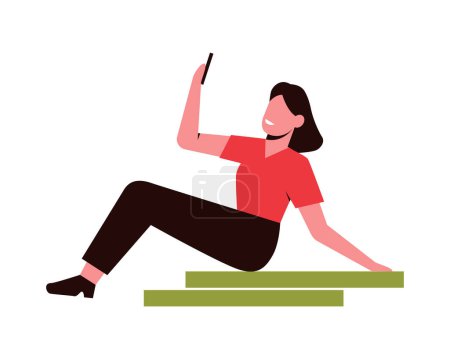 Illustration for Woman taking selfie photo. Blogger lifestyle, posting content flat illustration - Royalty Free Image