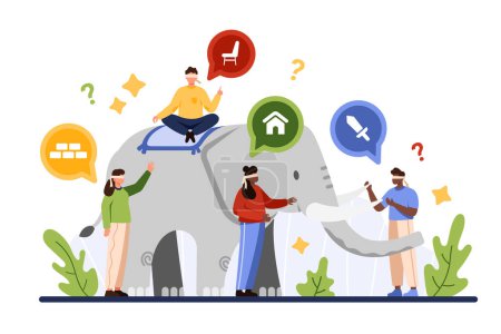 Difference of perception and points of view, metaphor, parable story. Tiny blindfolded people touching elephant in dark room with diverse experience and wrong judgment cartoon vector illustration