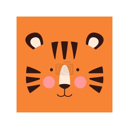 Simple tiger portrait. Cute animal head portrait, kawaii tiger face flat illustration