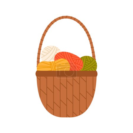 Basket with knitting. Yarn basket, handmade hobby, handicraft instruments cartoon vector illustration