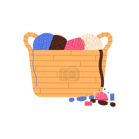 Knitting wool basket. Yarn basket, handmade hobby, handicraft instruments cartoon vector illustration