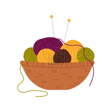 Handcraft basket with knitting. Yarn basket, handmade hobby, handicraft instruments cartoon vector illustration