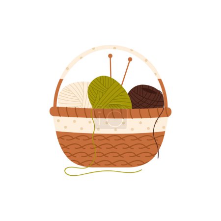 Basket with knitting tools. Wool basket, handmade hobby, handicraft instruments cartoon vector illustration